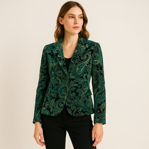 Talbots Paisley Floral Velvet Stretch Blazer Jacket Size 10 Green Blue Teal - Picture 1 of 8